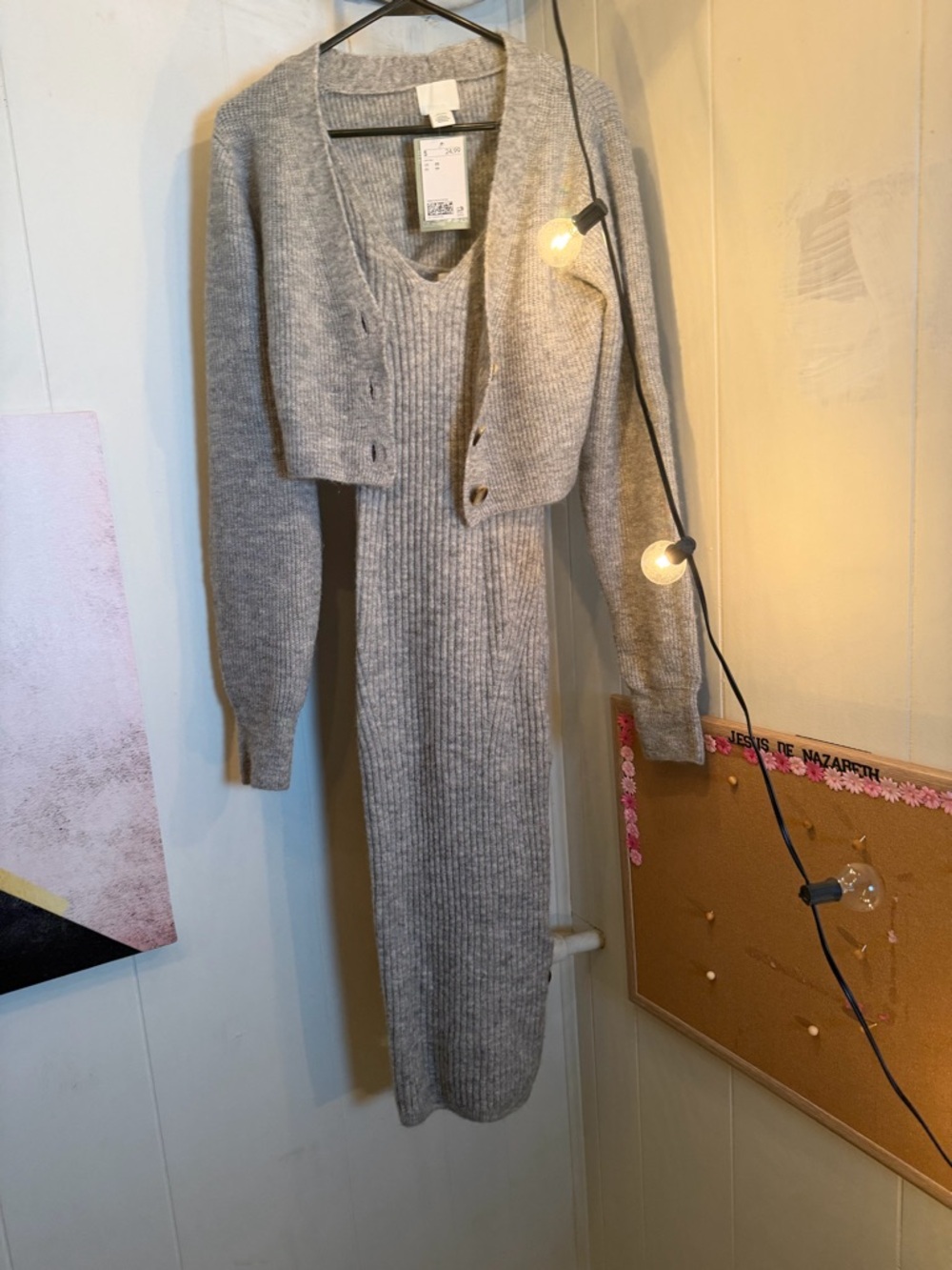 H&M Gray Ribbed Knit Dress with Matching Cardigan Set